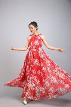 Chiffon Red Flower Long Party Dress Evening Wedding Lightweight Sundress Summer Holiday Beach Dress Bridesmaid Dress Maxi Skirt Detail Info: ❤ Color: Red flower as picture More color choice link: https://www.etsy.com/listing/213656440/chiffon-dress-color-card?ref=shop_home_feat_1 you just note the color you want with order, we will make according to your note. ❤ Material: Chiffon ❤ The dress doesn't limit the chest size and waist size, arm hole 45cm (if your upper arm circle circumference is mor Party Chiffon Maxi Sundress, Floor-length Flowy Floral Dress For Garden Party, Fitted Georgette Maxi Dress For Spring, Chiffon Floral Dress For Wedding, Flowy Floral Maxi Dress For Wedding, Flowy Long Floral Dress, Spring Garden Party Georgette Maxi Dress, Spring Fitted Georgette Maxi Dress, Sleeveless Georgette Maxi Dress For Spring