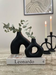 two black vases sitting on top of a table next to each other with leaves in them