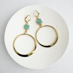 Amazonite Hoop Dangle Earrings in Gold Earrings Gold Hoop, Hoop Dangle Earrings, Dangle Earrings Gold, Amazonite Stone, Spoon Jewelry, Gold Statement Earrings, Earrings In Gold, Bead Jewellery, Gems Jewelry