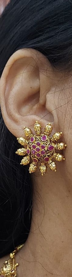 22 Karat Gold Earrings for Women with Color Stones - 235-GER11022 - in 13.900 Grams for USD $1189.99. 
Made in India by Totaram Jewelers Online this product is in Gold - 22 Karat BIS Hallmark 916 KDM Gold  & is an excellent gift for Adult - Women. Ships fully insured with secured guaranteed delivery for free with your order over $250 from New Jersey USA & comes with 30 days exchange policy. 916 Gold Earrings, 22k Gold Earrings, Gold Earrings Indian, Gold Temple Jewellery, 22k Gold Jewelry, Gold Earrings For Women, South Indian Jewelry, Indian Jewellery Design, Color Stones