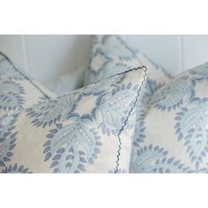 two blue and white pillows sitting next to each other on top of a pillow case