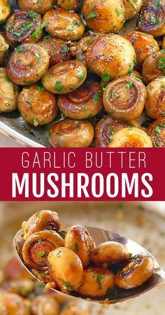 garlic butter mushrooms on a spoon with the title above it