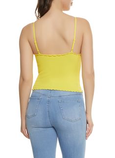 Ambiance, Sleeveless, V-Neck, Cami, Cropped Hem, Adjustable Strap(s), Lettuce Edge, Solid, Ribbed Knit, Item Number 1301054263958 Summer V-neck Top With Seamless Design, Seamless Camisole For Spring, Trendy Seamless Tops For Spring, Casual V-neck Seamless Tops, Stretch Knit Camisole Tops, Casual V-neck Tops With Seamless Design, Stretch Trendy Knit Cami Top, Seamless V-neck Summer Tops, Seamless Knit Tops With Spaghetti Straps