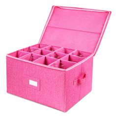 a pink storage box filled with lots of cups