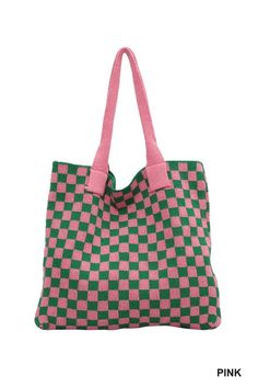 This checkered crochet knit bag in pink combines fashion and versatility with its durable and comfortable material and spacious design. Constructed with a lightweight aesthetic, it features a tote bag handle and measures 16.34" in height, 14.37" in width, and 1.18" in depth. Perfect for commuting or casual outings. Casual Pink Square Bag, Trendy Rectangular Crochet Bag For Errands, Pink Crochet Bag With Double Handle For Everyday, Trendy Crochet Tote Bag For Errands, Casual Pink Crochet Bag For Daily Use, Pink Double Handle Crochet Bag For Everyday, Pink Crochet Bag With Large Capacity, Pink Square Crochet Bag For Everyday Use, Trendy Pink Crochet Tote Bag