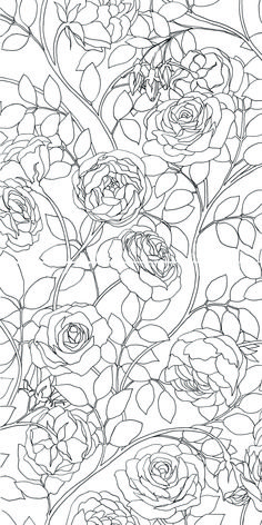 a drawing of flowers with leaves and stems on the bottom half of it, in black and white