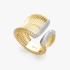 Embrace modern luxury with the Ribbed Open Cuff Diamond Ring. This eye-catching piece features a unique open cuff design, crafted from 14k or 18k solid gold (your choice). The ribbed texture adds depth and intrigue, while the edges of the cuff are adorned with sparkling pave-set diamonds, adding a touch of glamour. This ring is a bold yet refined statement piece, perfect for the modern woman who appreciates minimalist elegance. - Handmade - Solid Gold - Total Diamond Carat Weight: 0.39 ctw  - G Luxury Fusion Style Open Ring, Contemporary Yellow Gold Open Ring Jewelry, Luxury Open Ring With Unique Design, Elegant Rings With Unique Design And Open Band, Elegant Open Band Jewelry With Unique Design, Jewellery Fashion Shoot, Unique Diamond Ring, Open Cuff Ring, Cuff Design