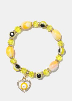 Light Color Bead Bracelet with Heart & evil Eye Yellow/gold JEWELRY - Shop Miss A Heart Evil Eye, Bracelet With Heart, Dangle Charms, Purple Gold, Bead Bracelet, Red Gold, Blue And Silver, Evil Eye, Blue Gold