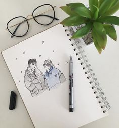 a drawing of two people sitting next to each other on top of a notepad