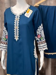 Soft cotton Kurti set made in India sizes are given by Bust measurement (inches) Traditional Blue Pant Set With Floral Embroidery, Festive Cotton Pant Set With Floral Embroidery, Designer Embroidered Cotton Pant Set, Cotton Pant Set With Floral Embroidery For Eid, Fitted Cotton Lawn Suit With Long Sleeves, Floral Embroidery Cotton Pant Set For Eid, Fitted Blue Pant Set With Resham Embroidery, Designer Cotton Pant Set With Resham Embroidery, Cotton Pant Set With Resham Embroidery For Designer Events