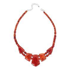 Jay King Orange Branch Coral Necklace Vivid, orange colors and a bold silhouette, make this handcrafted coral necklace the kind of jewelry showpiece that's sure to set you apart from the crowd! From Jay King.       Approx. 18"L x 5/16"W with 2-3/4" extender     Drop approx. 1-11/16"L x 1-1/8"W     Stamped .925     Hook closure     Orange branch coral necklace drape has five freeform stations connected via two stands of round and rondelle-shaped beads     Rondelle-shaped orange coral beads complete necklace   Stone Information       All sizes and weights approximate     Stabilized Orange Branch Coral - Freeform (19x24mm to 29x43mm), rondelle (6x4mm to 8x5mm), round (7-8mm); harvested in Indonesia     The coral material used in this necklace was harvested prior to 1985 Orange Branch, King Orange, Necklace Stone, Orange Coral, Color Bands, Coral Necklace, Beading Wire, Coral Beads, Stone Necklace