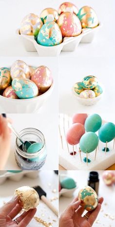 the process of painting eggs with pastel colors and decorating them in different ways