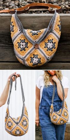 crocheted purses and handbags are featured in this collage with different images