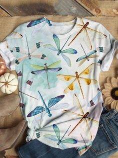 Dragonfly Bug Crew Neck T-shirt,Come to wonderclosets to Find your Favorite. Multicolor Stretch T-shirt For Summer, Summer Stretch Printed T-shirt, Stretch Printed T-shirt For Summer, Stretch Summer Tops With Sublimation Print, Summer Stretch Tops With Sublimation Print, Summer Stretch Top With Sublimation Print, Stretch Multicolor T-shirt For Summer, Summer Multicolor Stretch T-shirt, Multicolor Tops With All Over Print For Summer