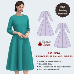 the princess seam midi dress sewing pattern is shown