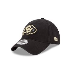 the new era hat in black with gold logo on the front and side panel, which features