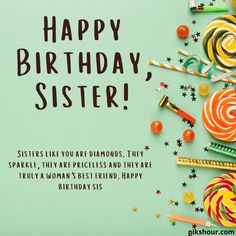 a birthday card with candies, lollipops and candy on a green background