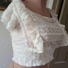 Nwt Stunning And Rare.. Would Look Hot W Trousers I Ship Same Day Fitted Off White Bohemian Tops, White Stretch Bohemian Top, White Fitted Crochet Top Feminine Style, Fitted Off White Lace Top For Summer, Beige Stretch Blouse With Feminine Style, Feminine Beige Stretch Blouse, Summer Beige Tops With Delicate Lace, Bohemian Stretch Tops With Lace Trim, Fitted Cream Crochet Top For Summer