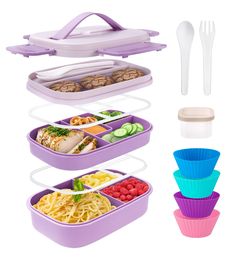 three trays with food in them and two forks next to each other on a white background