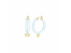 14k yellow gold over sterling silver acrylic mini butterfly charm hoop earrings in pastel blue Trendy Blue Jewelry For Spring, Blue Everyday Jewelry For Summer, Modern Everyday Jewelry For Spring, Blue Everyday Summer Jewelry, Everyday Blue Summer Jewelry, Trendy Light Blue Dangle Earrings, Elegant Light Blue Summer Jewelry, Sterling Silver Dangle Jewelry For Spring, Spring Sterling Silver Dangle Jewelry