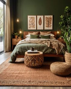 a bedroom with green walls and wooden furniture