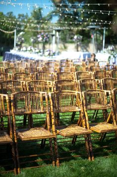 rows of wooden chairs sitting on top of a lush green field covered in string lights