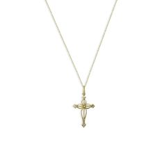 Length: 16" Extender: 2.5" Pendant drop: 1” Lobster clasp closure 14k Gold-Plated Sterling Silver Elegant Crucifix Necklaces With Adjustable Chain, Elegant Crucifix Necklace With Adjustable Chain, Classic Cross Jewelry With Adjustable Chain, Elegant Tarnish-resistant Cross Pendant Necklace, 14k Gold Cross Necklace With Adjustable Chain, Classic Cross Pendant Jewelry With Adjustable Chain, Classic Cross Pendant Clavicle Necklace, Classic Clavicle Chain Necklace With Cross Pendant, Tarnish Resistant Cross Necklace For Formal Occasions