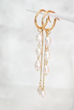 Long Cascahe Pearl Earrings Gold Plated Stainless Steel Hoop - Etsy Spain Affordable Gold Beaded Chain Earrings, Gold Hoop Earrings With Pearl Chain For Wedding, Wedding Gold Hoop Earrings With Pearl Chain, Gold Dangle Bridal Earrings With Pearl Chain, Elegant 14k Gold-filled Hoop Earrings With Dangling Charms, Elegant 14k Gold Filled Hoop Earrings With Dangling Charms, Gold Hoop Earrings With Dangling Beads For Wedding, Elegant Yellow Gold Hoop Earrings With Dangling Charms, Elegant Hoop Earrings With Dangling Charms