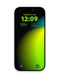 an iphone with the time displayed on it's display screen, and green background