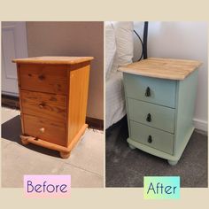 before and after photos of an old dresser turned into a nightstand table with wood top