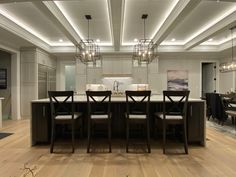 Modern waterfall kitchen design Shiplap Ceiling, White Oak Floors, Custom Lighting, Oak Floors, White Oak, Modern Lighting, Modern House, Ceiling, Flooring