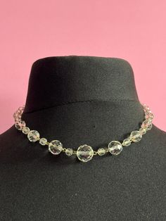 Vintage faceted clear crystal round beaded necklace 43cm art deco Beaded Choker Jewelry For Formal Events, Beaded Choker Jewelry For Formal Occasions, Beaded Choker For Formal Occasions, Adjustable Party Necklaces, Adjustable Round Necklaces For Party, Vintage Crystal Jewelry With Faceted Beads, Vintage Faceted Necklaces For Wedding, Faceted Round Crystal Bead Necklaces, Vintage Faceted Wedding Necklaces