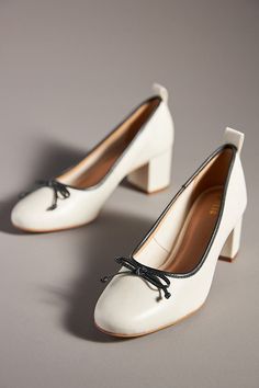 Don't passé on the chicest shoe style of the season. | Heeled Ballet Pumps by Maeve in Black, Women's, Size: 8, Leather/Rubber at Anthropologie Theatrical Romantic Winter Shoes, Classic French Shoes, Block Herl Wedding Shoes, Shoes For Theatrical Romantic, Ballet Heels, Block Heel Pumps, Professional Shoes, Classy Shoes, Chic Shoes