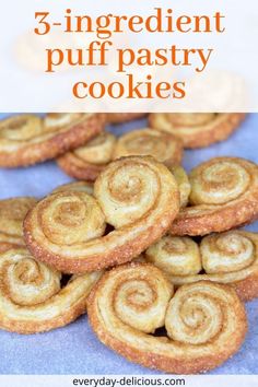 some cinnamon rolls are stacked on top of each other with the words, 5 ingredient puff pastry cookies