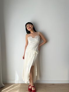 Vintage liquid silk lace satin backless white slip long maxi camisole dress, you can wear it as a summer silk slip dress or night party dress. era: 1990, 2000, Y2K material:100% pure silk Size: around S, Model wears size S, 36 Full length 125cm pit to pit: 39cm waist: 35cm condition: very good condition Please keep in mind that this is vintage second hand piece. It may have small marks and/or snags and sign of wear throughout. Please purchase willing to accept all signs of wear. NOTE For shop up Summer Silk Slip Dress With Lace Trim, Spring Silk Slip Dress With Delicate Lace, Summer Cami Slip Dress With Delicate Lace, Silk Sleeveless Slip Dress With Delicate Lace, Silk Summer Nightgown With Spaghetti Straps, Spring Bias-cut Slip Dress For Wedding Night, Silk Nightgown With Spaghetti Straps For Summer, Spring Bias Cut Slip Dress For Wedding Night, Spring Wedding Night Slip Dress With Bias Cut