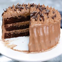 a chocolate cake with one slice taken out of it's side on a white plate