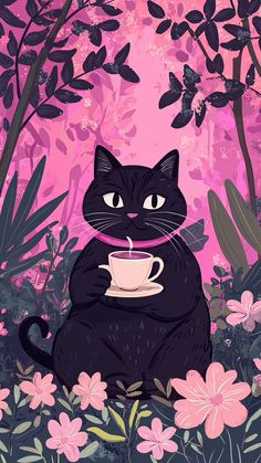 a black cat is sitting in the middle of flowers and drinking from a coffee cup