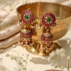 big viridian pure silver jhumka earrings online Silver Jhumkas, India Inspired, Traditional Motifs, Gold Designs, Heritage Fashion, Gold Design, Gold Material, Traditional Art, Indian Jewelry