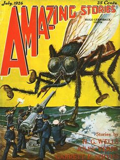 an old book cover with a giant insect on it's face and two men in uniform