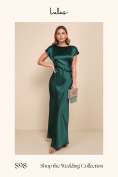 a woman in a long green dress with the words shop the wedding collection on it