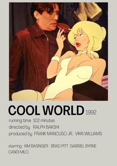 an advertisement for the movie cool world, featuring a woman in a bathing suit talking to a man