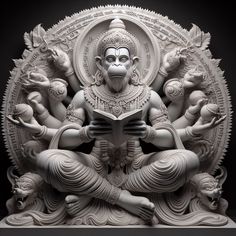 an intricately carved statue with monkeys and other animals around it's head, in front of a black background