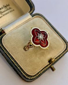 A Beautiful Red and White Enamel & Diamond Ring Circa 1800s | Etsy Art Deco Enamel Rings For Formal Occasions, Red Round Jewelry With Black Enamel, Art Deco Enamel Ring As A Gift, Art Deco Enamel Ring As Gift, Antique Engraved Red Jewelry, Red Engraved Antique Jewelry, Vintage Enamel Jewelry For Anniversary, Vintage Diamond Enamel Ring, Classic Red Intaglio Jewelry