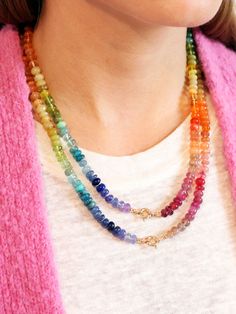 The Encirkled Small Classic Rainbow Beaded Necklace is a cult favorite- the ultimate addition to your neck stack. This piece includes bright colored rainbow gemstones featuring a 14k spring ring closure, that is perfect for displaying your favorite charms. Assorted gemstones that may include amethyst, apatite, aquamarine, carnelian, citrine, chocolate moonstone, chrysoprase, Ethiopian opal, fire opal, garnet, grandidierite, kyanite, lapis lazuli, lemon quartz, peach moonstone, peridot, rhodochro Rainbow Gemstone Beaded Necklaces For Gift, Rainbow Gemstone Beaded Necklaces, Rainbow Gemstone Beaded Necklace, Elegant Rainbow Gemstone Bead Necklace, Rainbow Beaded Necklace, Neck Stack, Rainbow Multi-stone Necklace In Fine Jewelry Style, Rainbow Gemstones, Authentic Jewelry