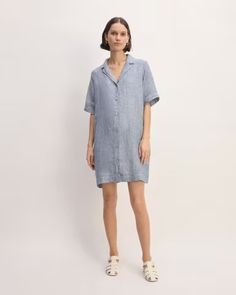 The Linen Shirt Dress White / Blue – Everlane Casual Button-up Shirt Dress With Rolled Sleeves, Chic Collared Linen Dress For Daywear, Summer Daywear Shirt Dress With Button Cuffs, Spring Shirt Dress With Placket, Summer Relaxed Fit Shirt Dress With Button Cuffs, Summer Shirt Dress With Button Cuffs For Daywear, Collared Shirt Dress With Buttoned Pockets And Relaxed Fit, Relaxed Fit Knee-length Shirt Dress With Placket, Relaxed Fit Collared Shirt Dress With Buttoned Pockets