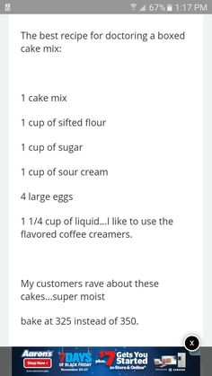 the recipe for cake mix is shown in this screenshoter's phone screen