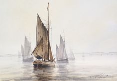 a painting of sailboats in the water on a foggy day