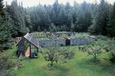 an aerial view of a building surrounded by trees