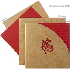 two red and gold wedding cards with an intricate design on the front, one is for hindu