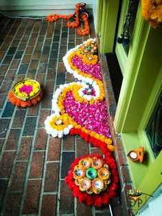 some decorations are laying on the ground next to a door